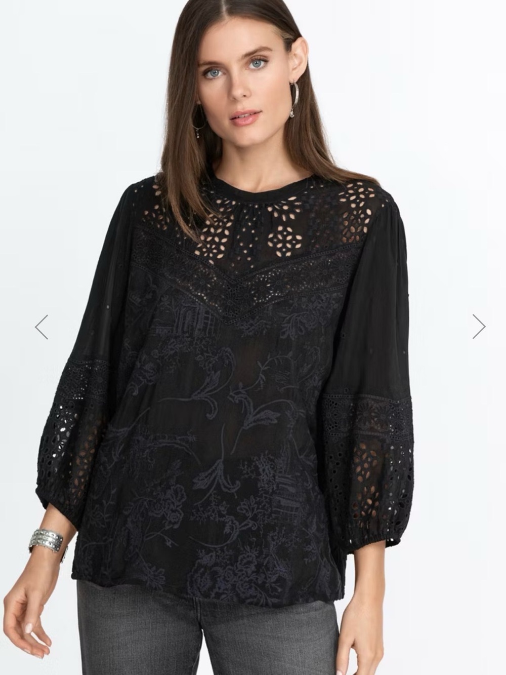 Johnny Was PORCELAIN RUMI TOP Black Embroidered Eyelet Lace Cupra Top M